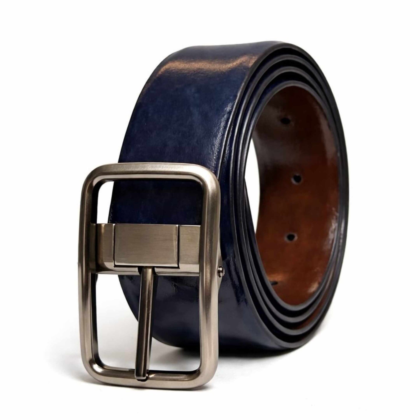 Mens 100% Genuine Leather Belt - NAVERO Glossy Navy Finish (BLUE & Brown Reversible) — Leather Belts for Men | THE MEN THING