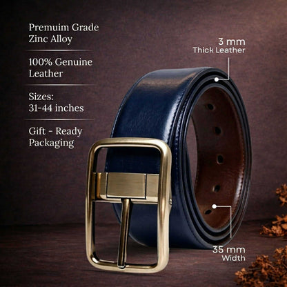Mens 100% Genuine Leather Belt - NAVERO Glossy Navy Finish (BLUE & Brown Reversible) — Leather Belts for Men | THE MEN THING