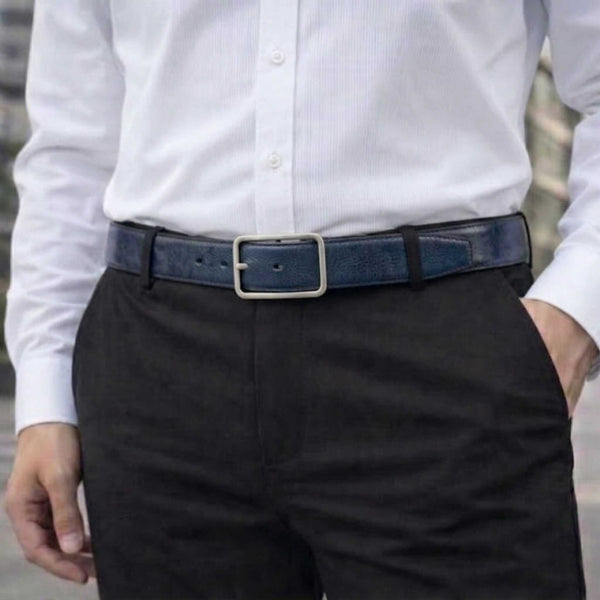 Mens 100% Genuine Leather Belt - NAVERO Glossy Navy Finish (BLUE & Brown Reversible)