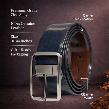 Mens 100% Genuine Leather Belt - NAVYTAN Glossy Navy Finish (BLUE & Brown Reversible) — Leather Belts for Men | THE MEN THING