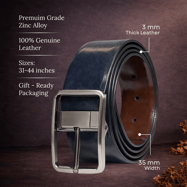 Mens 100% Genuine Leather Belt - NAVYTAN Glossy Navy Finish (BLUE & Brown Reversible)