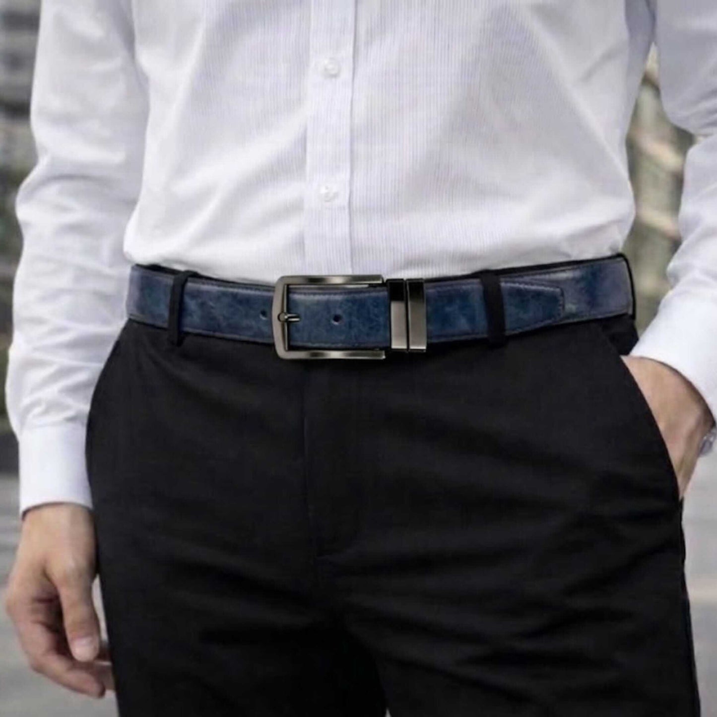 Mens 100% Genuine Leather Belt - NEXORO Glossy Navy Finish (BLUE & Brown Reversible) — Leather Belts for Men | THE MEN THING