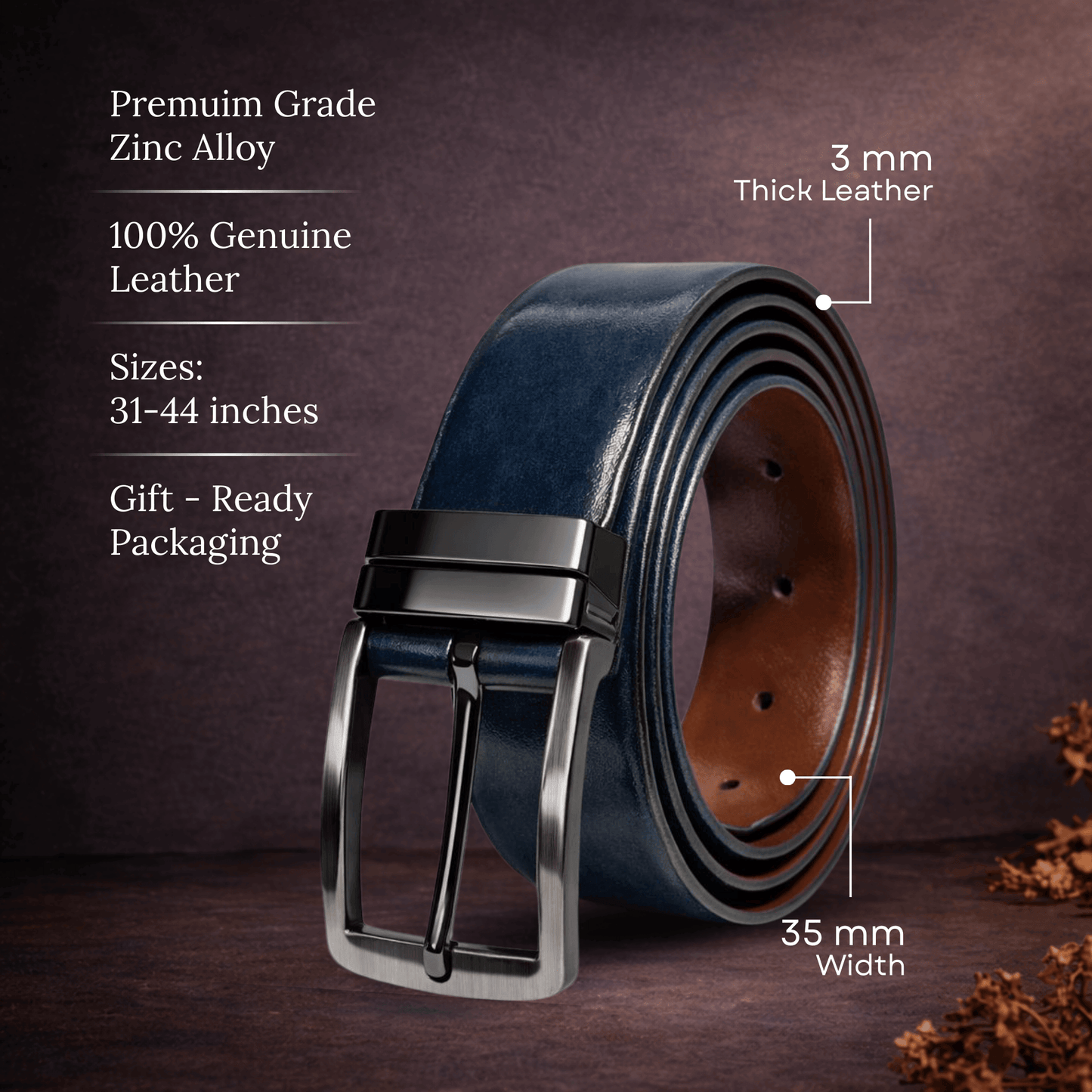 Mens 100% Genuine Leather Belt - NEXORO Glossy Navy Finish (BLUE & Brown Reversible) — Leather Belts for Men | THE MEN THING
