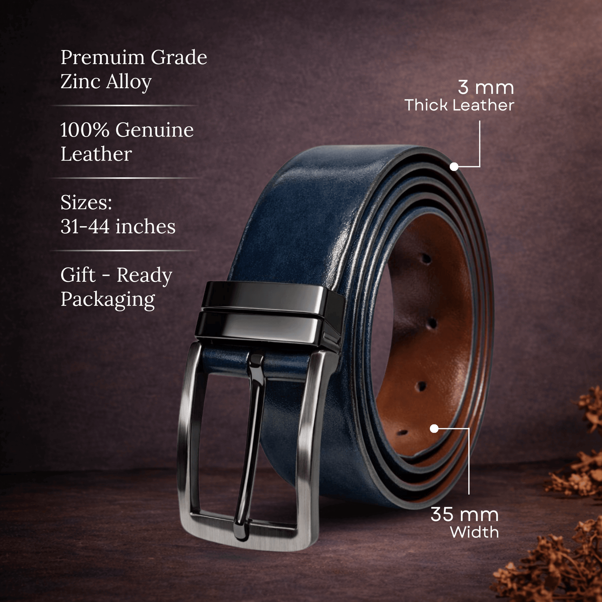 Mens 100% Genuine Leather Belt - NEXORO Glossy Navy Finish (BLUE & Brown Reversible) — Leather Belts for Men | THE MEN THING