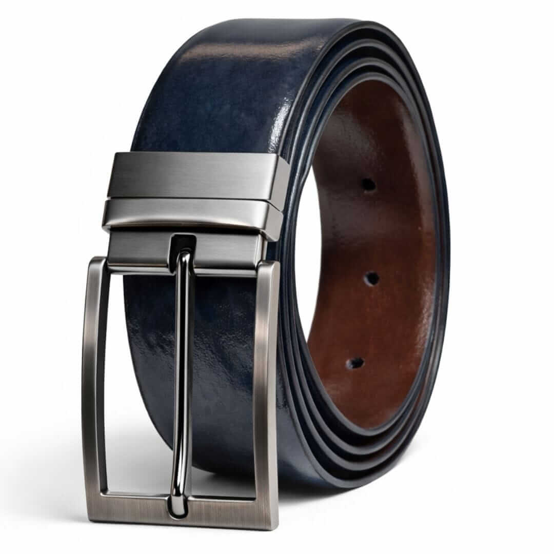 Mens 100% Genuine Leather Belt - NOVEXO Smooth Navy Finish (BLUE & Brown Reversible) — Leather Belts for Men | THE MEN THING