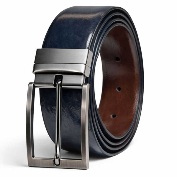 Mens 100% Genuine Leather Belt - NOVEXO Smooth Navy Finish (BLUE & Brown Reversible)