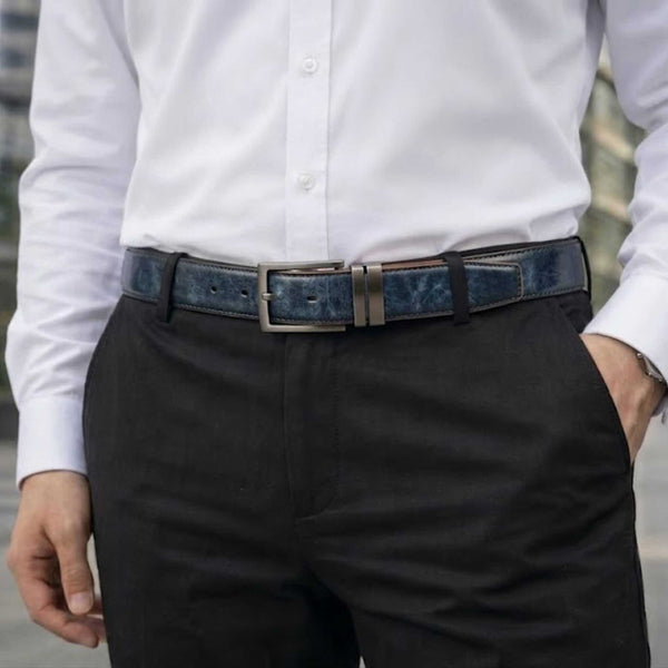Mens 100% Genuine Leather Belt - NOVEXO Smooth Navy Finish (BLUE & Brown Reversible)