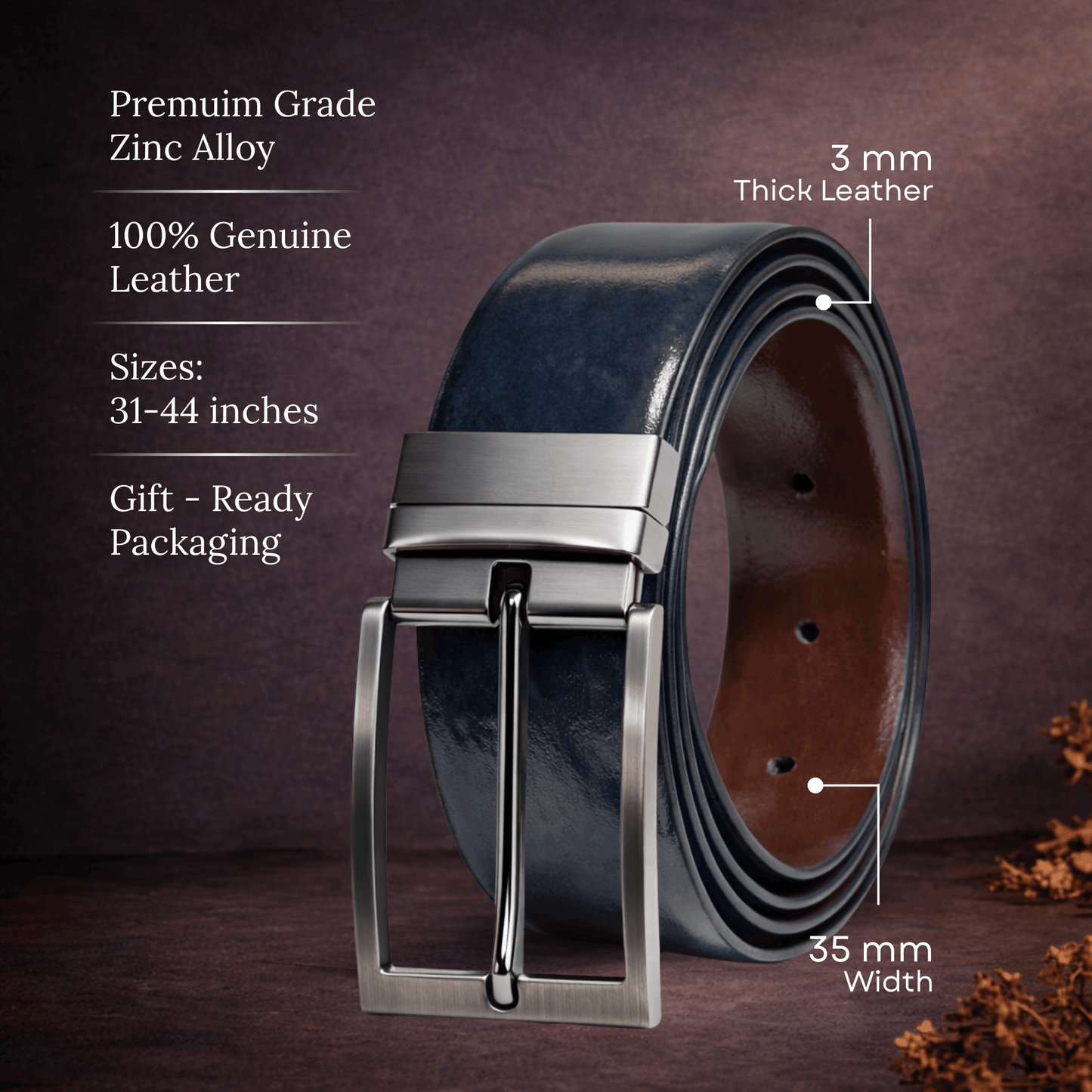 Mens 100% Genuine Leather Belt - NOVEXO Smooth Navy Finish (BLUE & Brown Reversible) — Leather Belts for Men | THE MEN THING