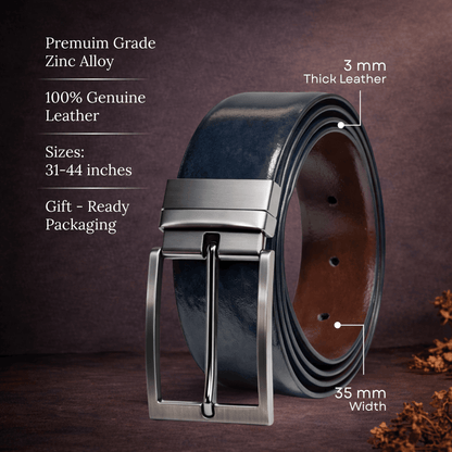 Mens 100% Genuine Leather Belt - NOVEXO Smooth Navy Finish (BLUE & Brown Reversible) — Leather Belts for Men | THE MEN THING