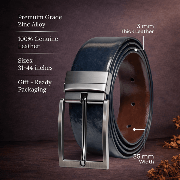 Mens 100% Genuine Leather Belt - NOVEXO Smooth Navy Finish (BLUE & Brown Reversible)