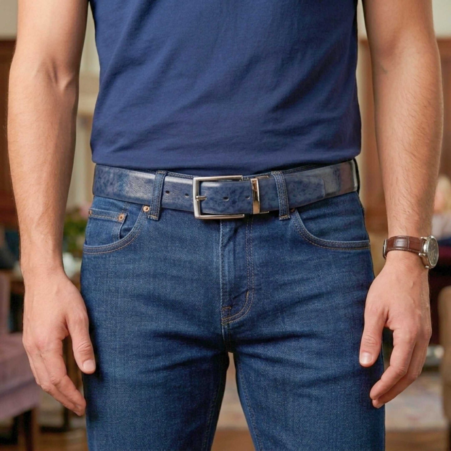 Mens 100% Genuine Leather Belt - REVANO Smooth Navy Classic (BLUE & Brown Reversible) — Leather Belts for Men | THE MEN THING