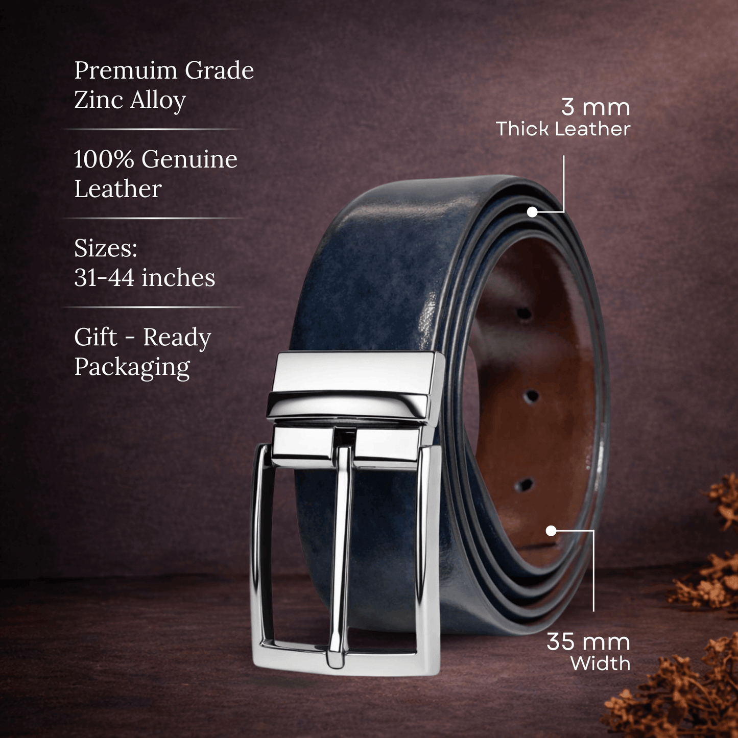 Mens 100% Genuine Leather Belt - REVANO Smooth Navy Classic (BLUE & Brown Reversible) — Leather Belts for Men | THE MEN THING
