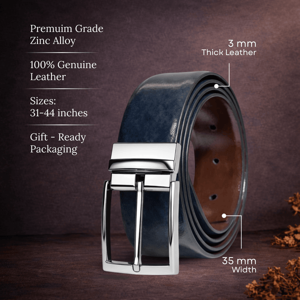 Mens 100% Genuine Leather Belt - REVANO Smooth Navy Classic (BLUE & Brown Reversible)