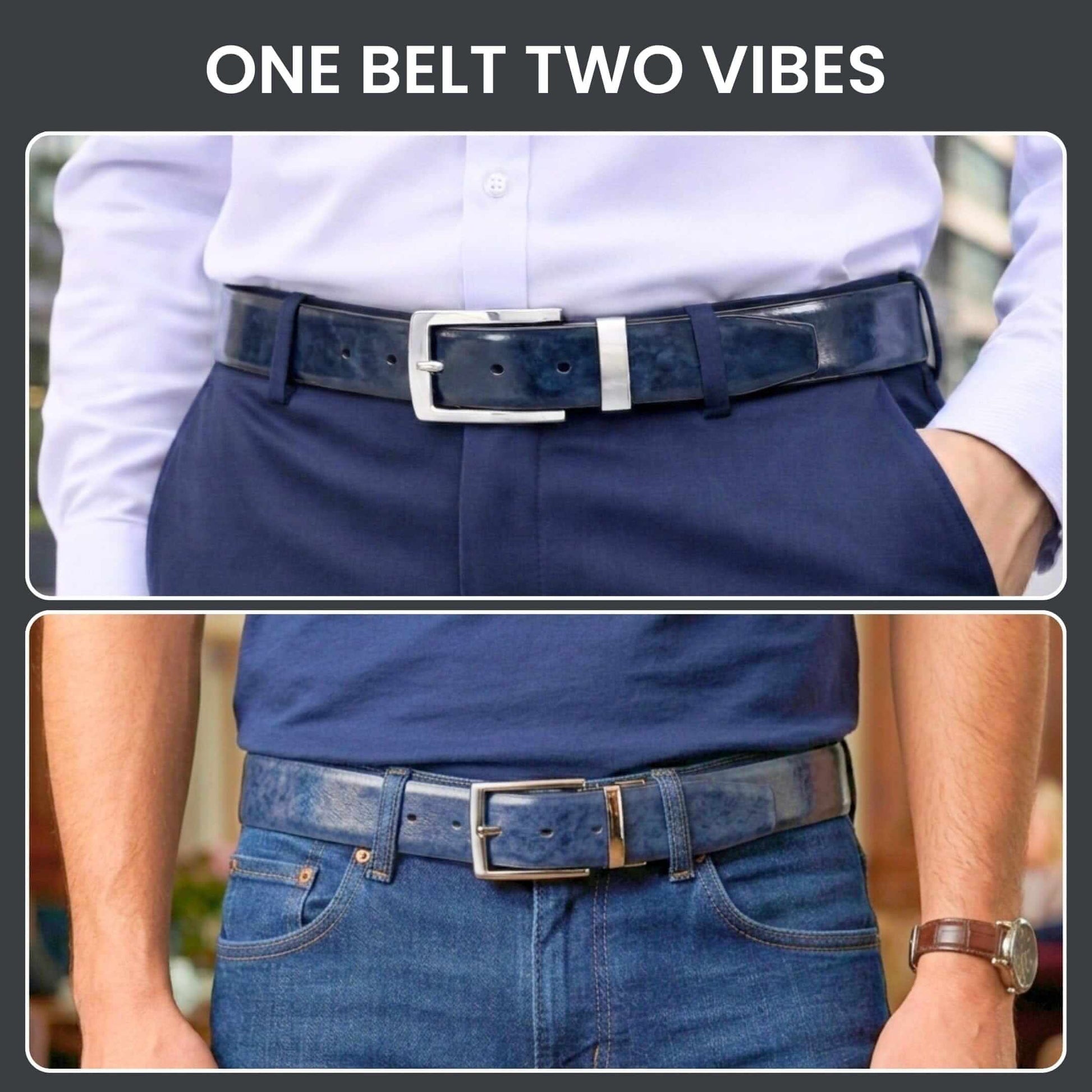 Mens 100% Genuine Leather Belt - REVANO Smooth Navy Classic (BLUE & Brown Reversible) — Leather Belts for Men | THE MEN THING