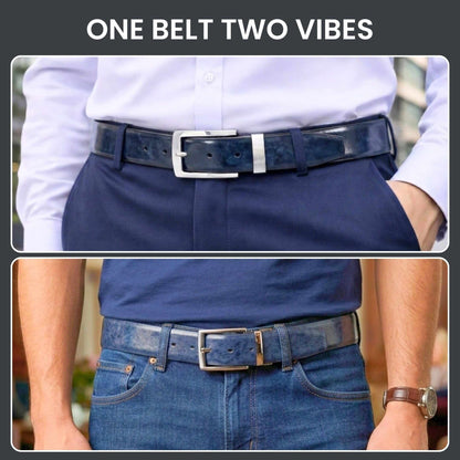 Mens 100% Genuine Leather Belt - REVANO Smooth Navy Classic (BLUE & Brown Reversible) — Leather Belts for Men | THE MEN THING