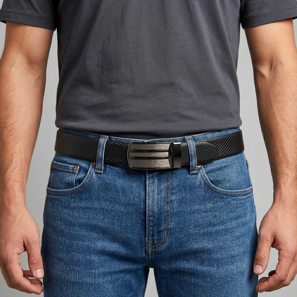 Mens 100% Genuine Leather Belt - AUREX Diagonal Rib Plate (Black & Brown Reversible)