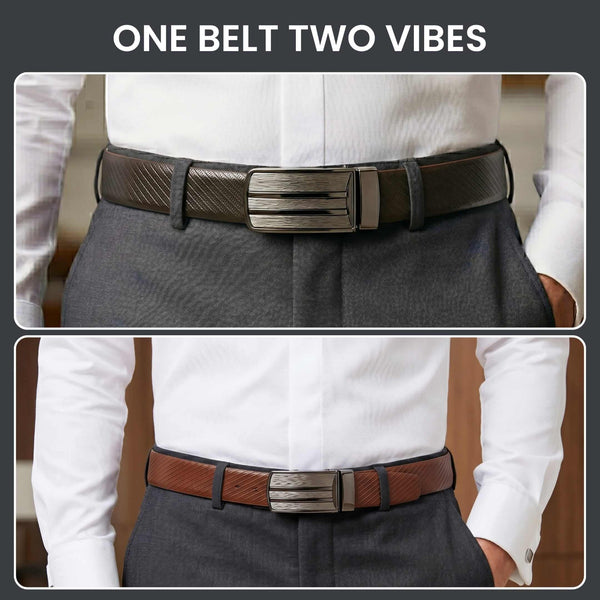 Mens 100% Genuine Leather Belt - AUREX Diagonal Rib Plate (Black & Brown Reversible)
