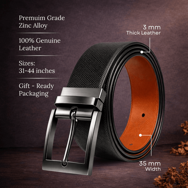 Mens 100% Genuine Leather Belt - AUREXO Fine Grain Tan Core (Black & Brown Reversible)