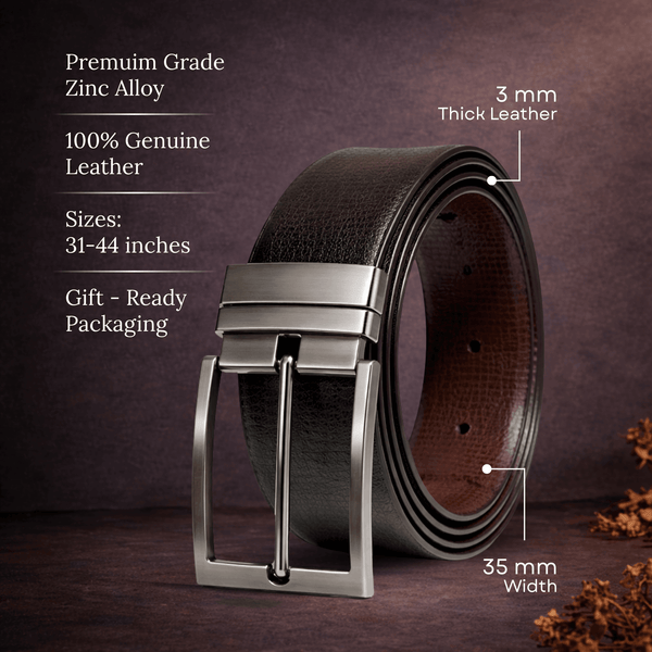 Mens 100% Genuine Leather Belt - AURIVO Croc Emboss (Black & Brown Reversible)