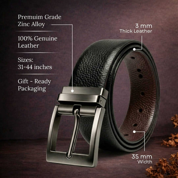 Mens 100% Genuine Leather Belt - AURON Woven Emboss (Black & Brown Reversible)
