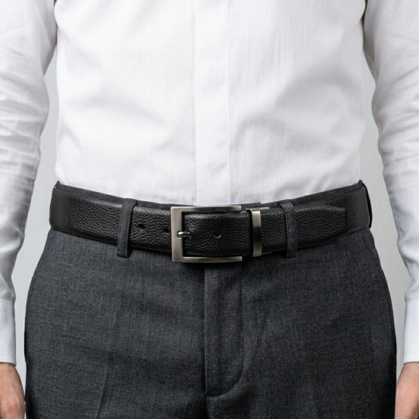 Mens 100% Genuine Leather Belt - AURON Woven Emboss (Black & Brown Reversible)