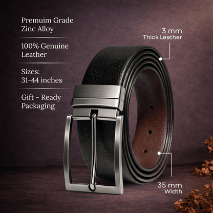Mens 100% Genuine Leather Belt - AURTEX Fine Grain Finish (Black & Brown Reversible) — Leather Belts for Men | THE MEN THING