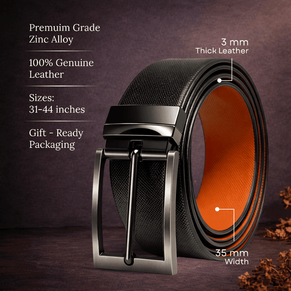 Mens 100% Genuine Leather Belt - BRANOR Smooth Tan Core (Black & Brown Reversible)