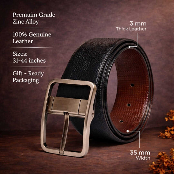 Mens 100% Genuine Leather Belt - BREVON Fine Texture (Black & Brown Reversible)