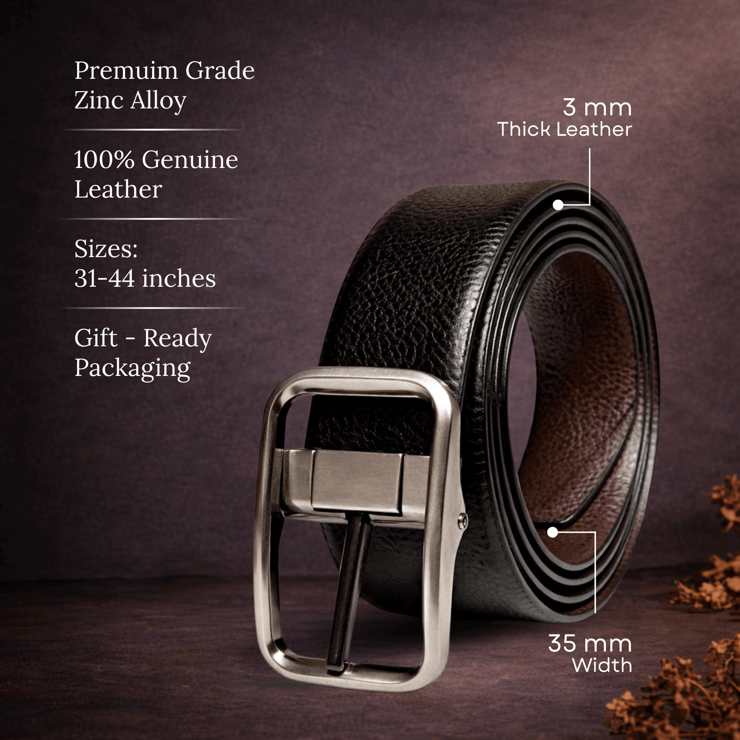 Mens 100% Genuine Leather Belt - COREVA Fine Grain Finish (Black & Brown Reversible) — Leather Belts for Men | THE MEN THING