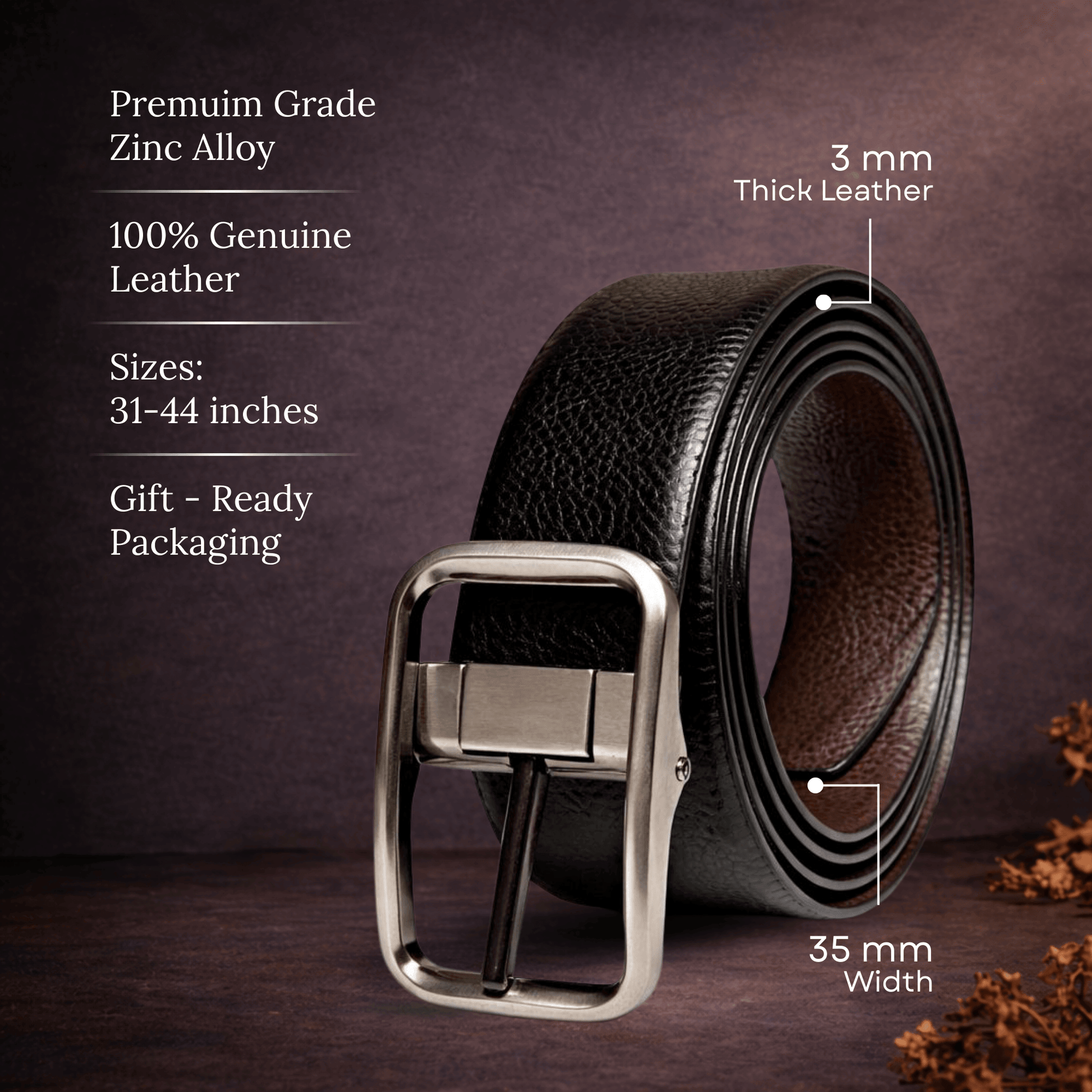 Mens 100% Genuine Leather Belt - COREVA Fine Grain Finish (Black & Brown Reversible) — Leather Belts for Men | THE MEN THING