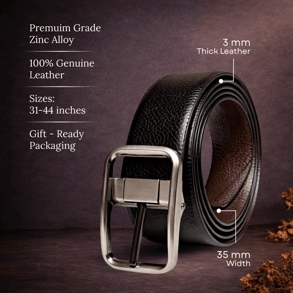 Mens 100% Genuine Leather Belt - COREVA Fine Grain Finish (Black & Brown Reversible)