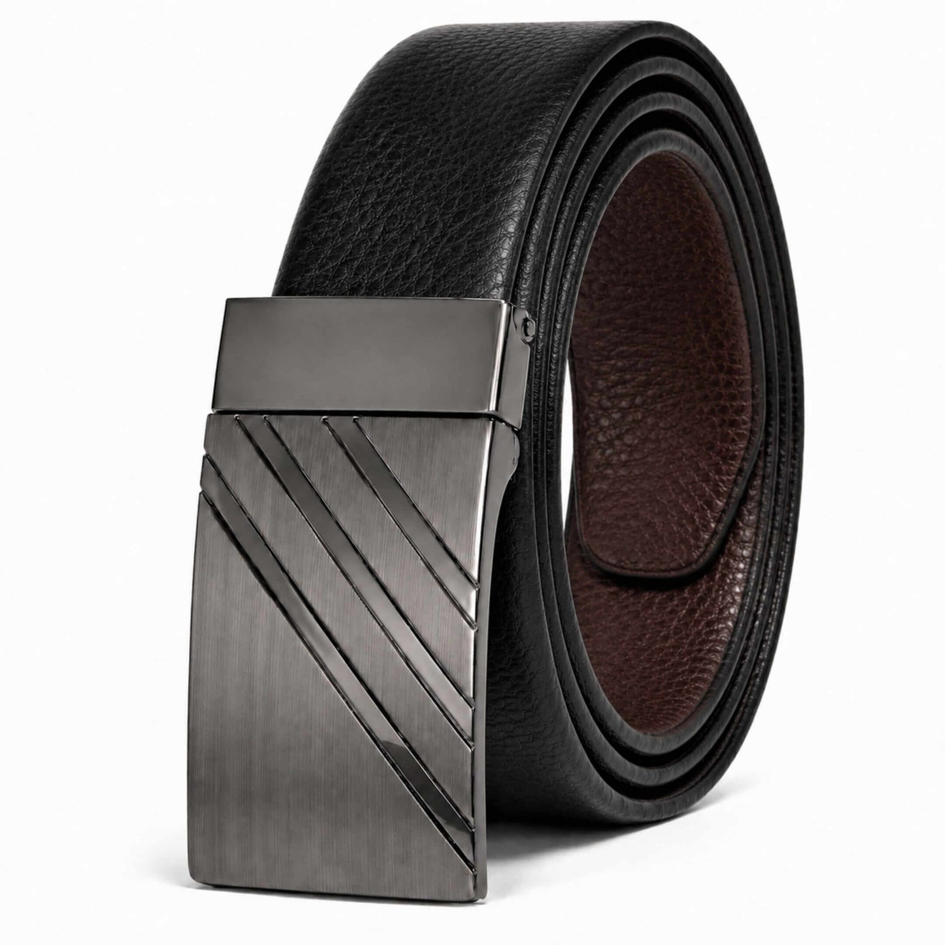 Mens 100% Genuine Leather Belt - DIAGON EDGE Smooth Auto Plate (Black & Brown Reversible) — Leather Belts for Men | THE MEN THING