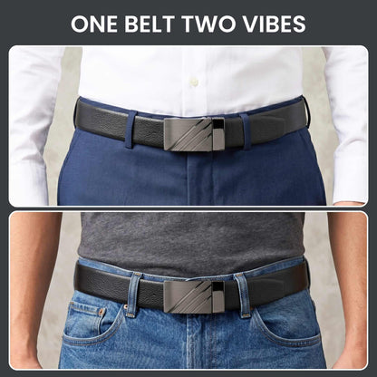Mens 100% Genuine Leather Belt - DIAGON EDGE Smooth Auto Plate (Black & Brown Reversible) — Leather Belts for Men | THE MEN THING