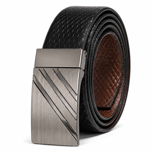 Mens 100% Genuine Leather Belt - DIAGONOX Smooth Auto Plate (Black & Brown Reversible)