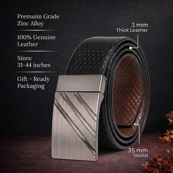 Mens 100% Genuine Leather Belt - DIAGONOX Smooth Auto Plate (Black & Brown Reversible)