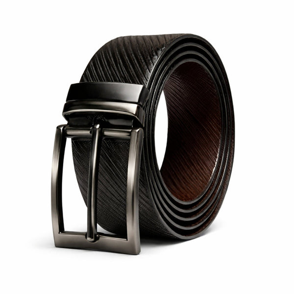 Mens 100% Genuine Leather Belt - DUALCOR Diamond Grid Emboss (Black & Brown Reversible)