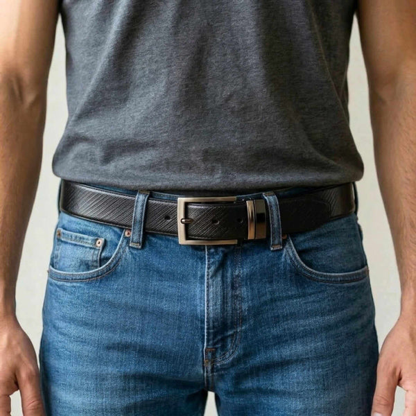 Mens 100% Genuine Leather Belt - DUALCOR Diamond Grid Emboss (Black & Brown Reversible)