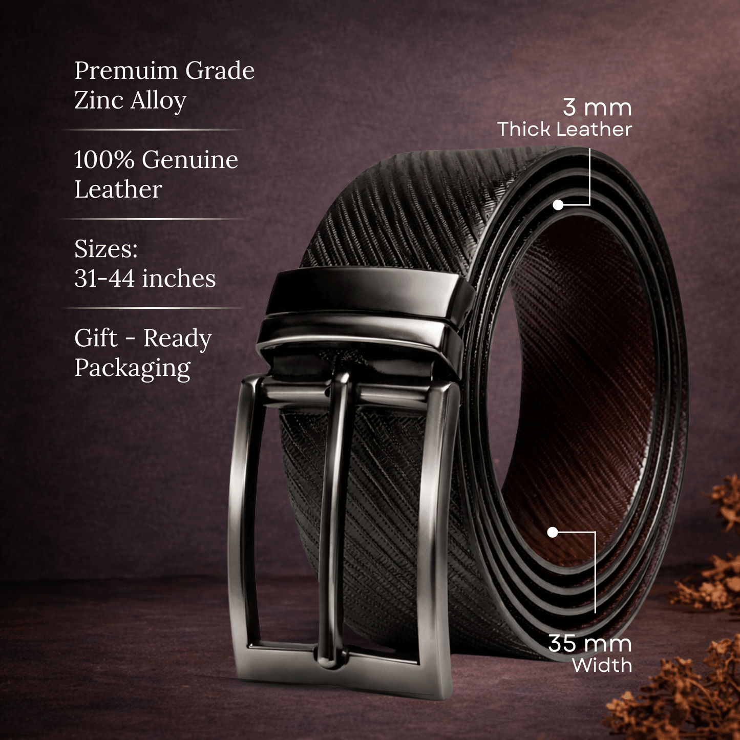 Mens Genuine Leather Belt | 2 in 1 Reversible (Black & Brown) (1 Pc.) - DUALCOR - THE MEN THING