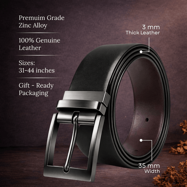 Mens 100% Genuine Leather Belt - DUALIX Smooth Matte (Black & Brown Reversible)
