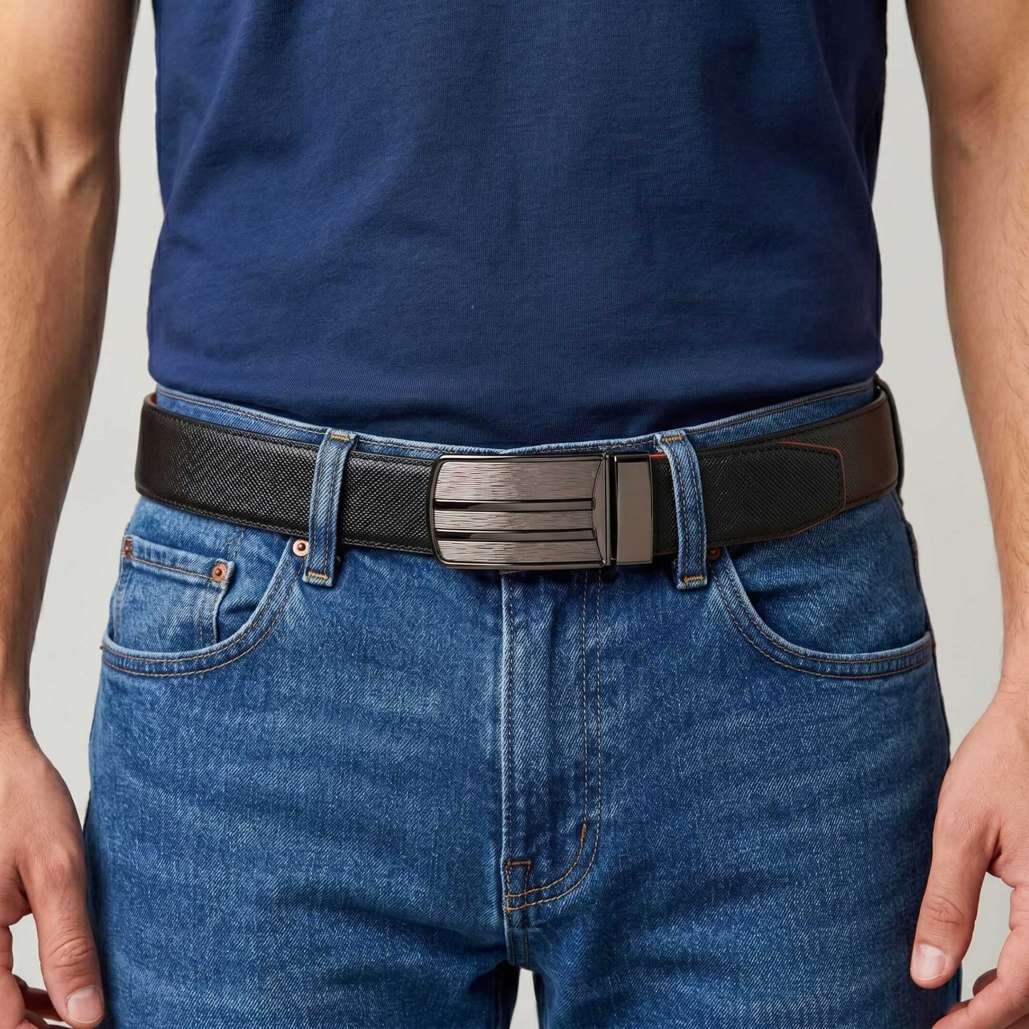 Mens 100% Genuine Leather Belt - DUALOR Grid Texture Plate (Black & Brown Reversible) — Leather Belts for Men | THE MEN THING