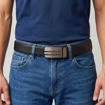 Mens 100% Genuine Leather Belt - DUALOR Grid Texture Plate (Black & Brown Reversible) — Leather Belts for Men | THE MEN THING