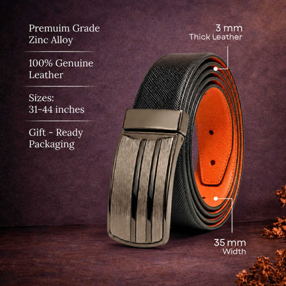 Mens 100% Genuine Leather Belt - DUALOR Grid Texture Plate (Black & Brown Reversible) — Leather Belts for Men | THE MEN THING