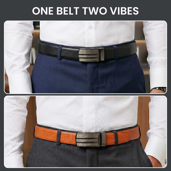 Mens 100% Genuine Leather Belt - DUALOR Grid Texture Plate (Black & Brown Reversible)