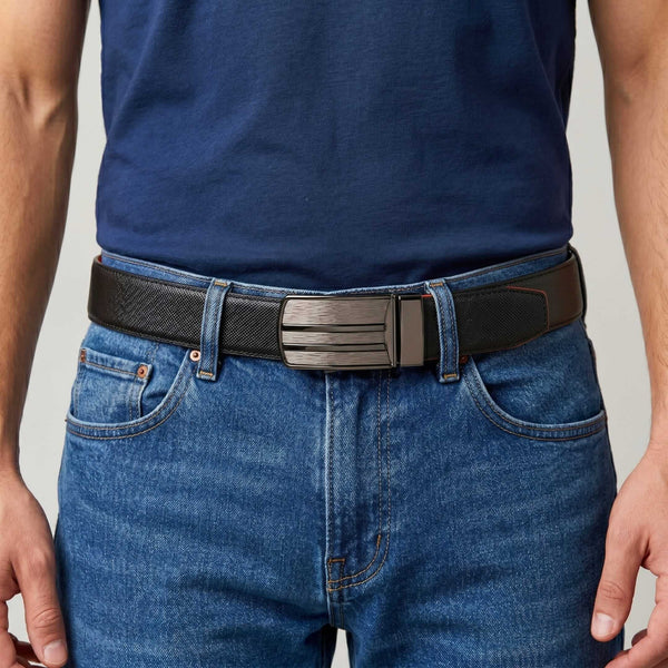 Mens 100% Genuine Leather Belt - DUALOR Grid Texture Plate (Black & Brown Reversible)