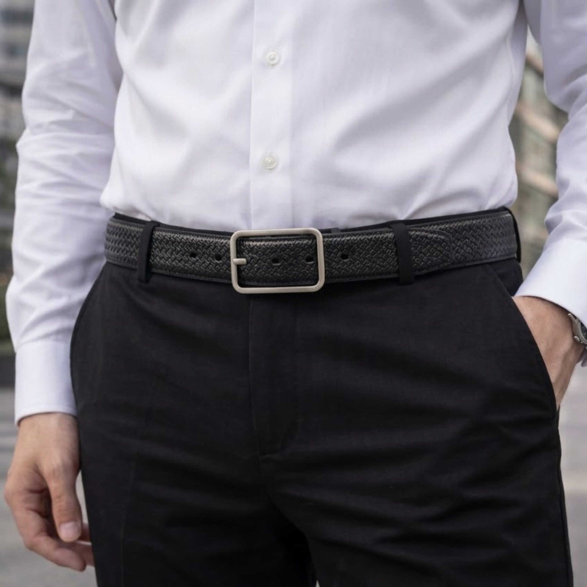 Mens 100% Genuine Leather Belt - DUALTEX Grid Weave Emboss (Black & Brown Reversible) — Leather Belts for Men | THE MEN THING