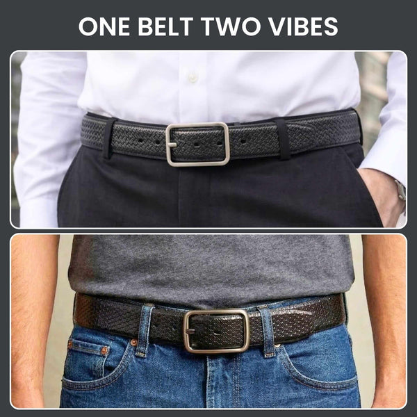 Mens 100% Genuine Leather Belt - DUALTEX Grid Weave Emboss (Black & Brown Reversible)