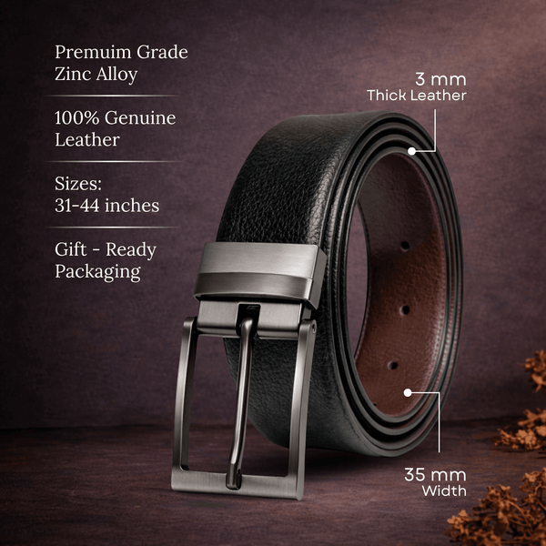Mens 100% Genuine Leather Belt - DURON Fine Grain Finish (Black & Brown Reversible)