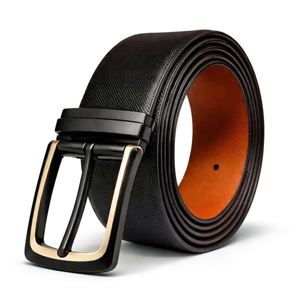 Mens 100% Genuine Leather Belt - GOLDENSCAPE Fine Grain Tan Core (Black & Brown Reversible)