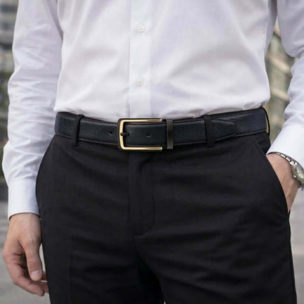 Mens 100% Genuine Leather Belt - GOLDENSCAPE Fine Grain Tan Core (Black & Brown Reversible)