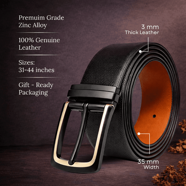 Mens 100% Genuine Leather Belt - GOLDENSCAPE Fine Grain Tan Core (Black & Brown Reversible)